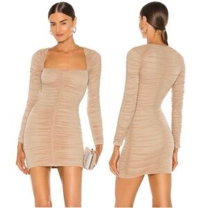Michael Costello x REVOLVE Franky Long Sleeve Ruched Mini in Taupe Size XS NWOT